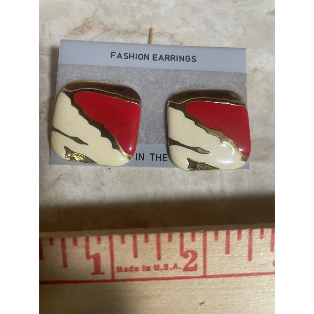 Big Bold Statement Earrings 90s Red Cream Gold Enameled - Pierced